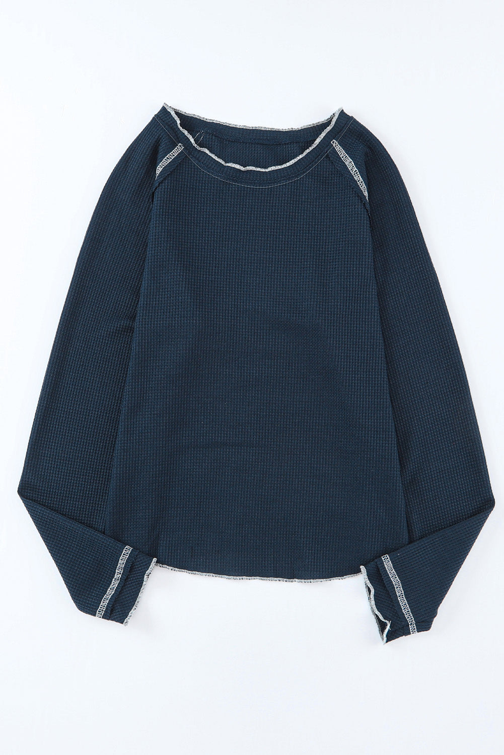 Long sleeve navy blue sweater with white stitched open hem.